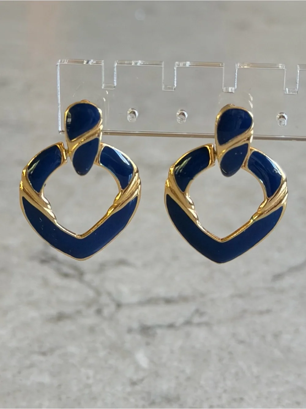 Vintage Gold and Navy Enamel Heart Drop Earrings - Women Jewelry